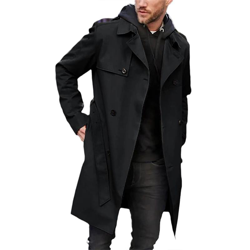 Men's Classic Trench Coat with Notch Collar - Timeless Style - Black