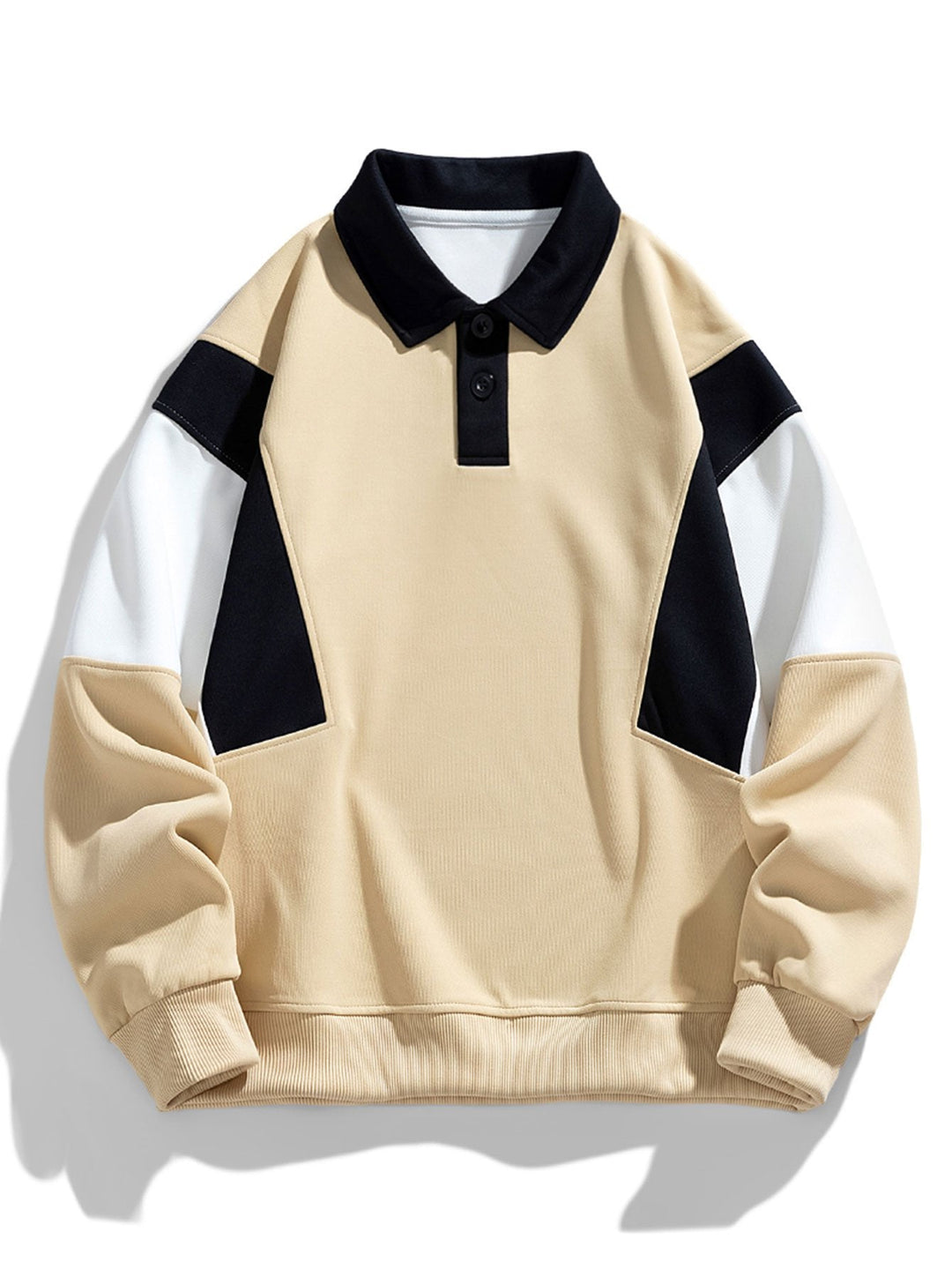 Men's Color Block Polo Sweatshirt – Relaxed Fit Long Sleeve - Beige