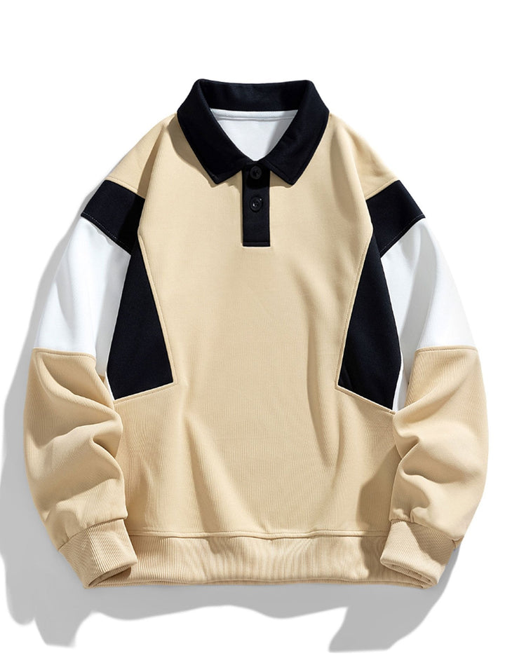 Men's Color Block Polo Sweatshirt – Relaxed Fit Long Sleeve - Beige