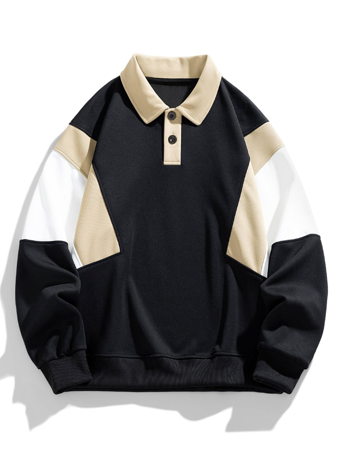 Men's Color Block Polo Sweatshirt – Relaxed Fit Long Sleeve - Black
