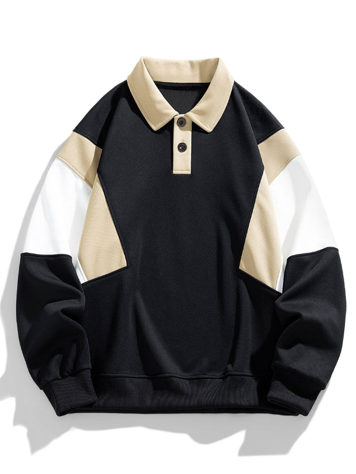 Men's Color Block Polo Sweatshirt – Relaxed Fit Long Sleeve - Black