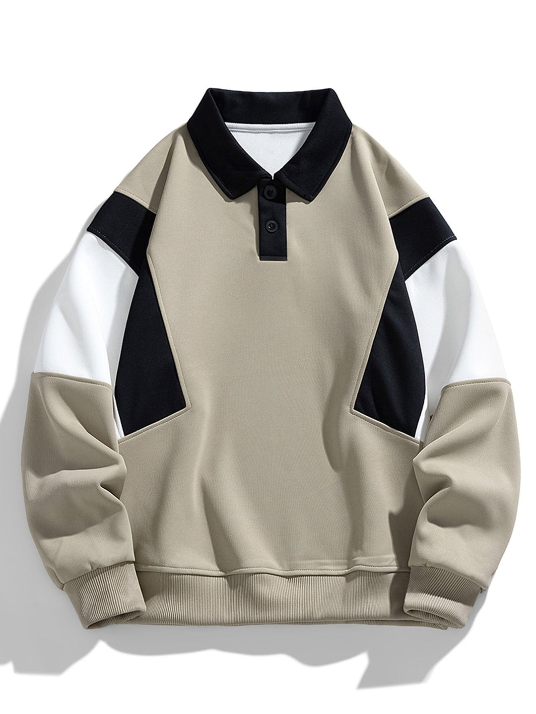 Men's Color Block Polo Sweatshirt – Relaxed Fit Long Sleeve - Taupe