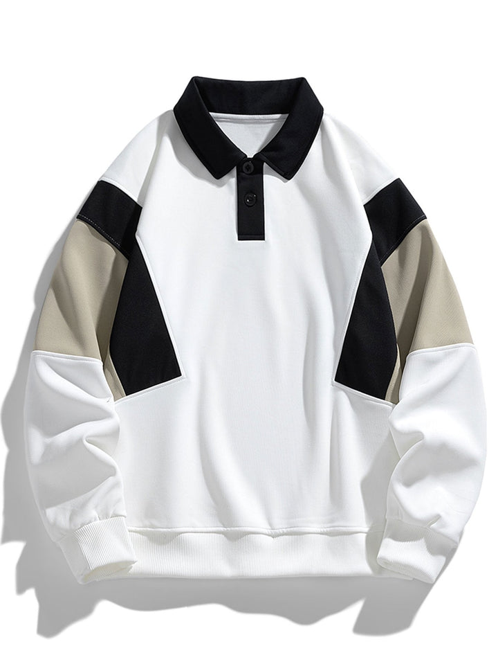 Men's Color Block Polo Sweatshirt – Relaxed Fit Long Sleeve - White