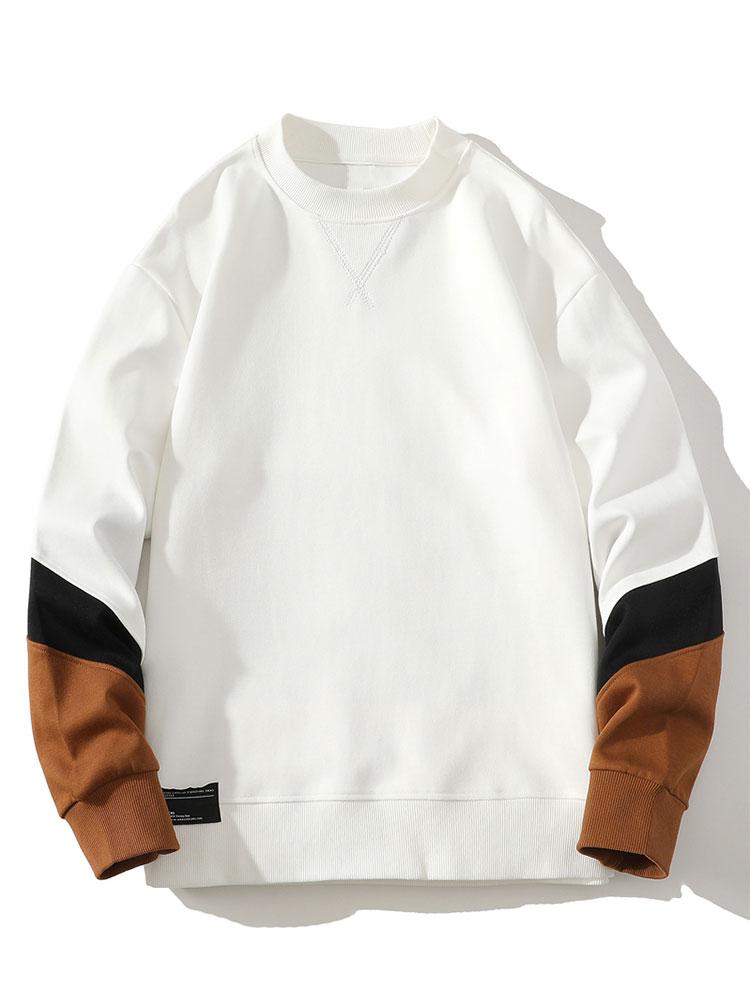 Men's Colorblock Crew Neck Sweatshirt – Relaxed Fit Casual Pullover - White