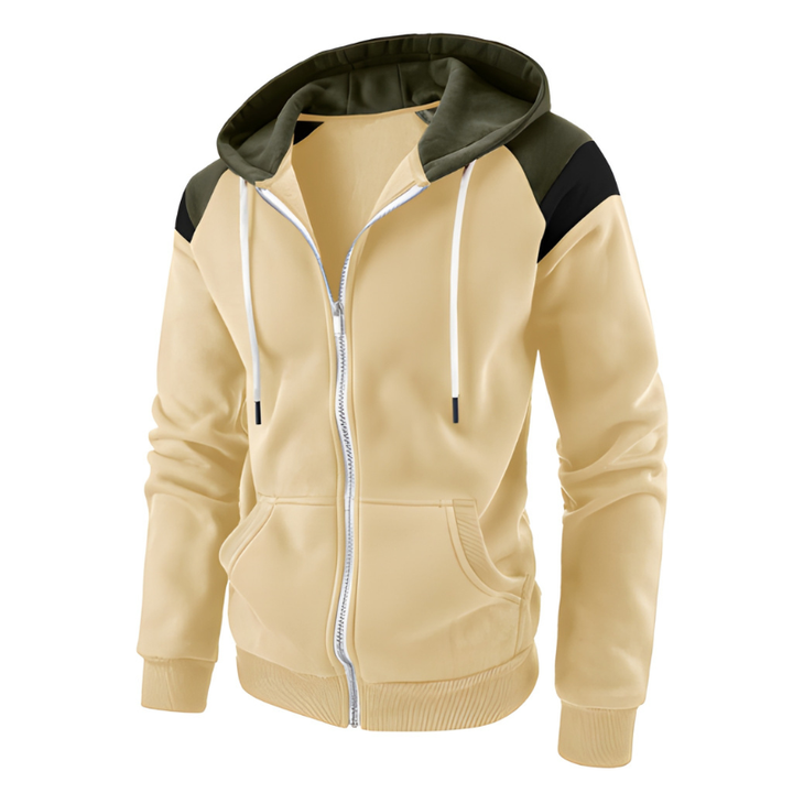 Men's Colorblock Hoodie - Sporty Loose Fit Zip Sweatshirt - Beige