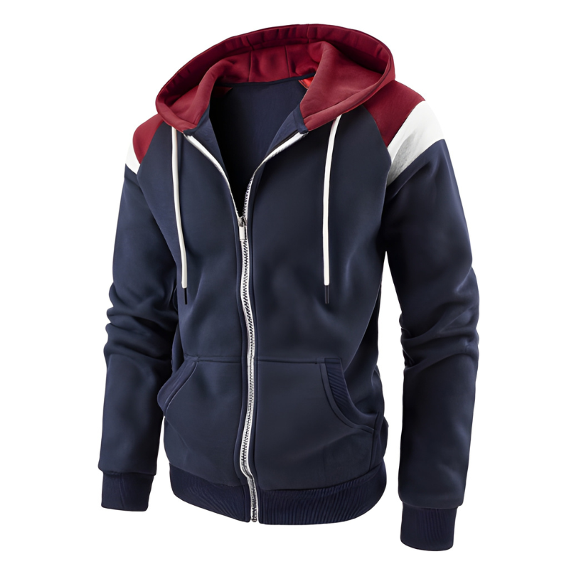 Men's Colorblock Hoodie - Sporty Loose Fit Zip Sweatshirt - Blue