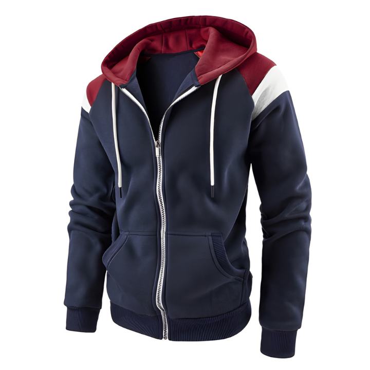 Men's Colorblock Hoodie - Sporty Loose Fit Zip Sweatshirt - Blue
