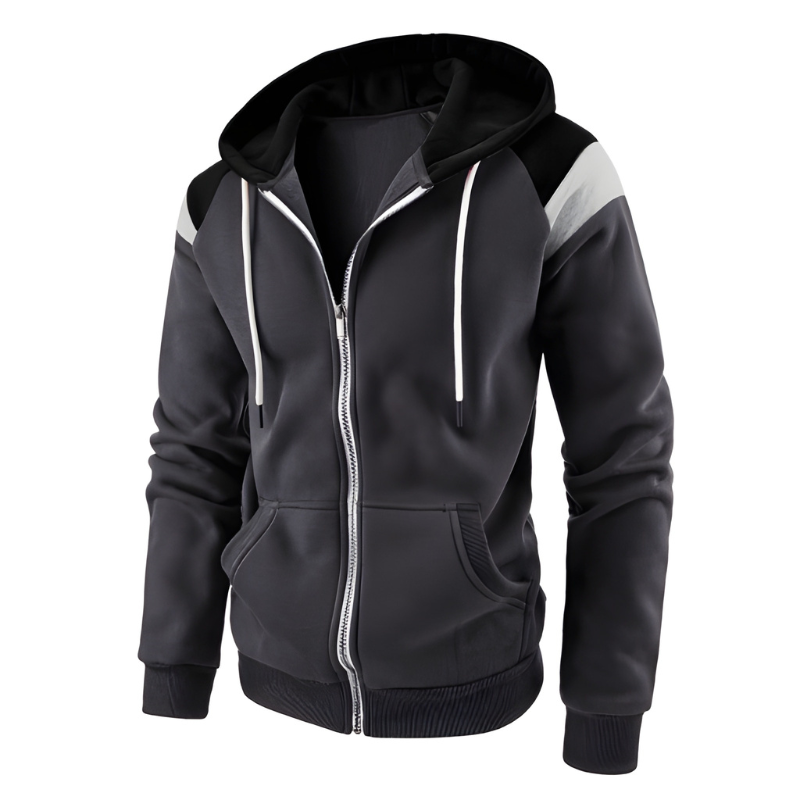 Men's Colorblock Hoodie - Sporty Loose Fit Zip Sweatshirt - Grey