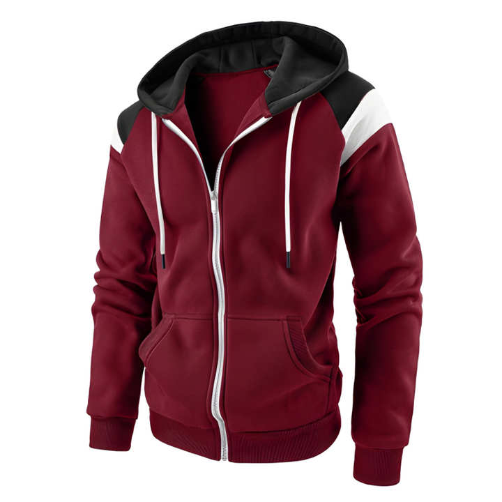 Men's Colorblock Hoodie - Sporty Loose Fit Zip Sweatshirt - Red