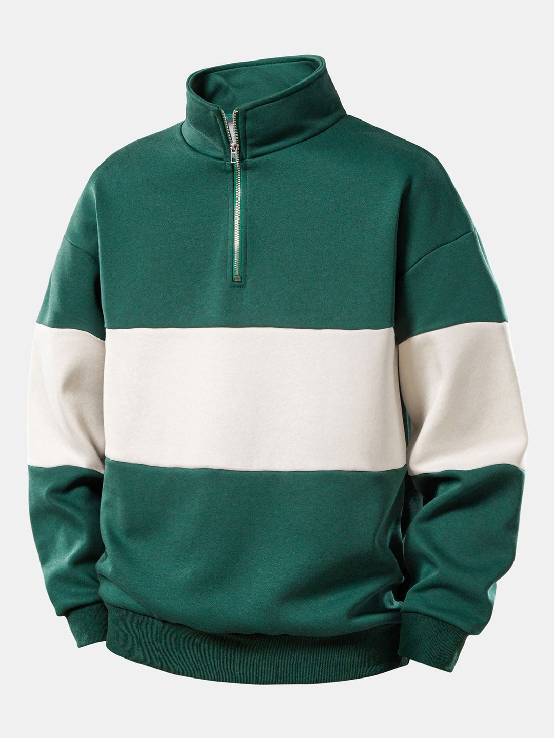 Men's Colour Block Quarter-Zip Sweatshirt in dark green, Relaxed Fit