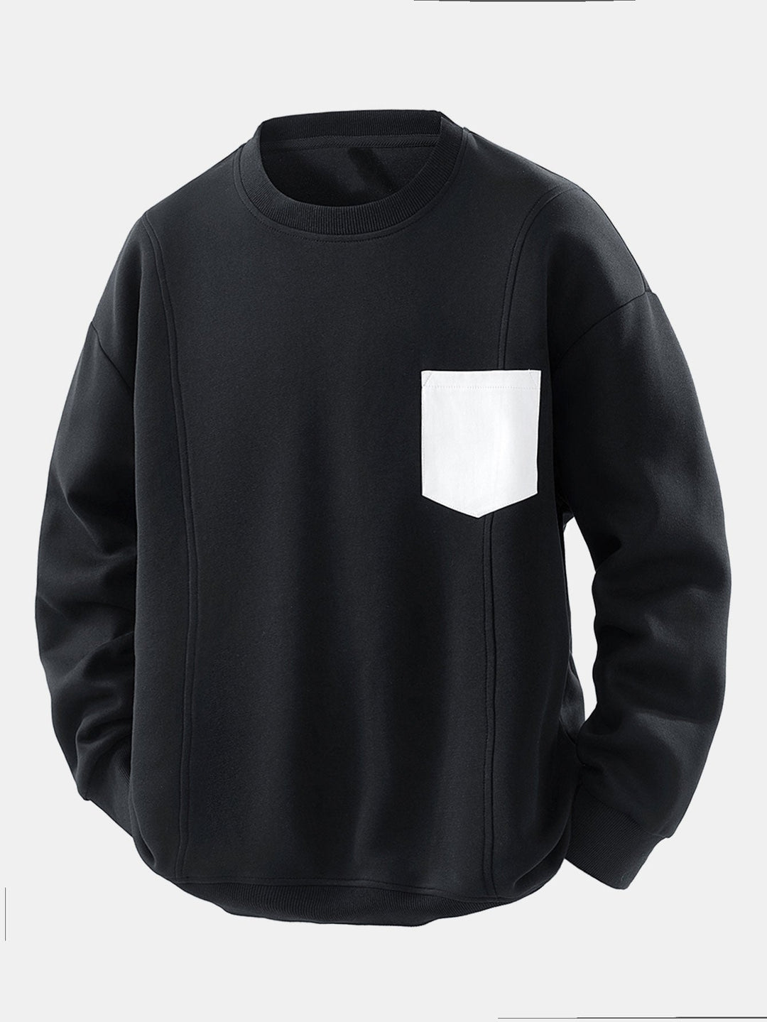 Men's Contrast Chest Pocket Crew Neck Sweatshirt – Relaxed Fit - Black