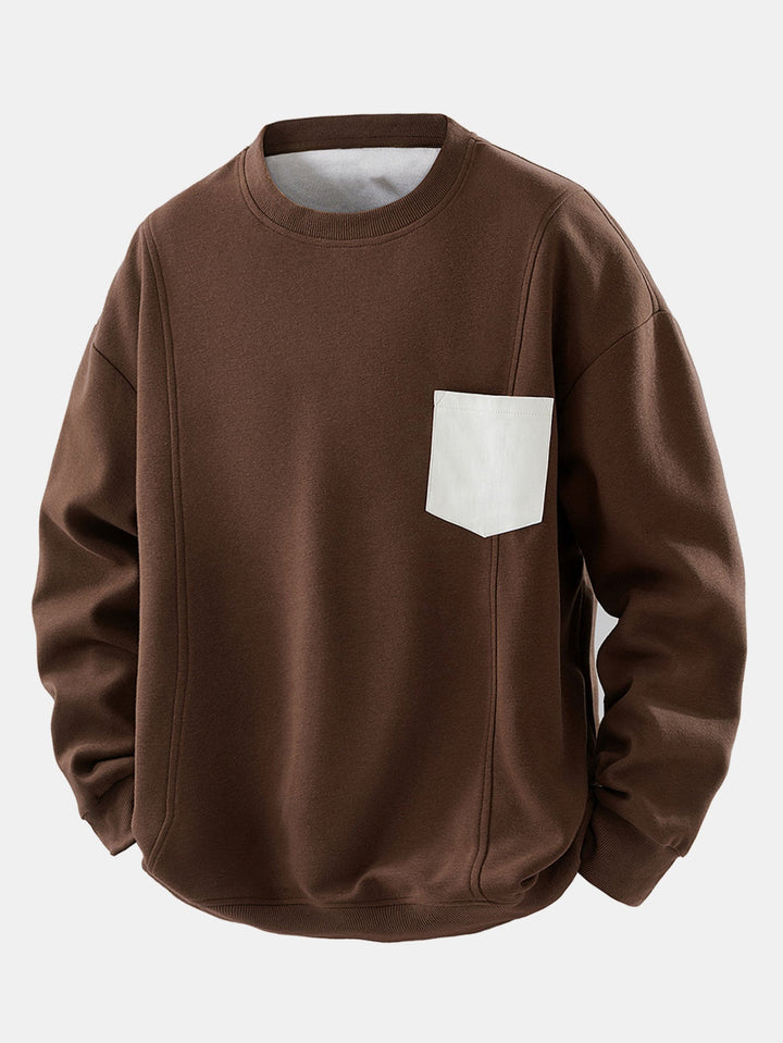 Men's Contrast Chest Pocket Crew Neck Sweatshirt – Relaxed Fit - Dark Brown