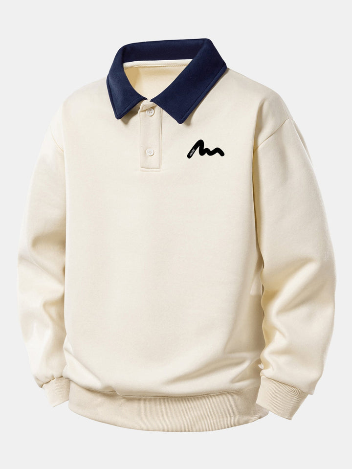 Men's Contrast Collar Polo Sweatshirt – Relaxed Fit Cotton Blend - Beige