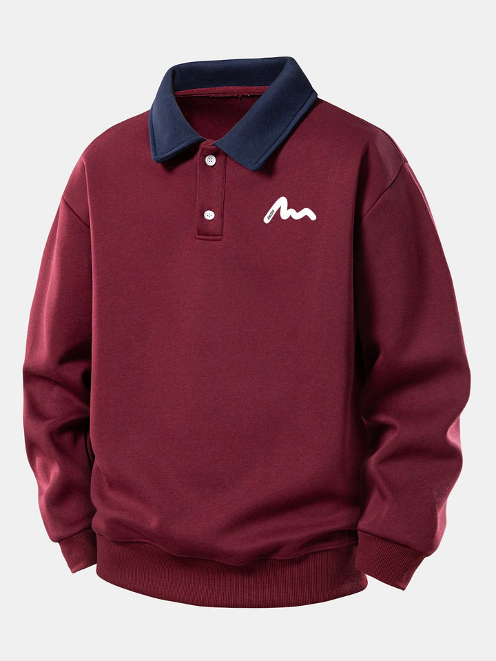Men's Contrast Collar Polo Sweatshirt – Relaxed Fit Cotton Blend - Wine
