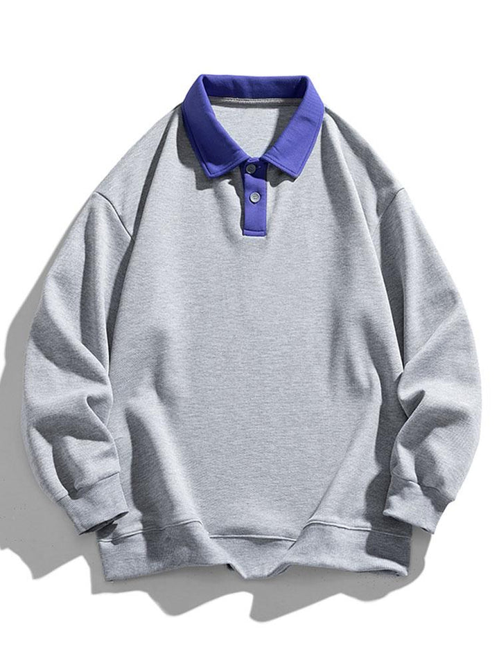 Men's Contrast Collar Polo Sweatshirt – Relaxed Fit Long Sleeve - Grey