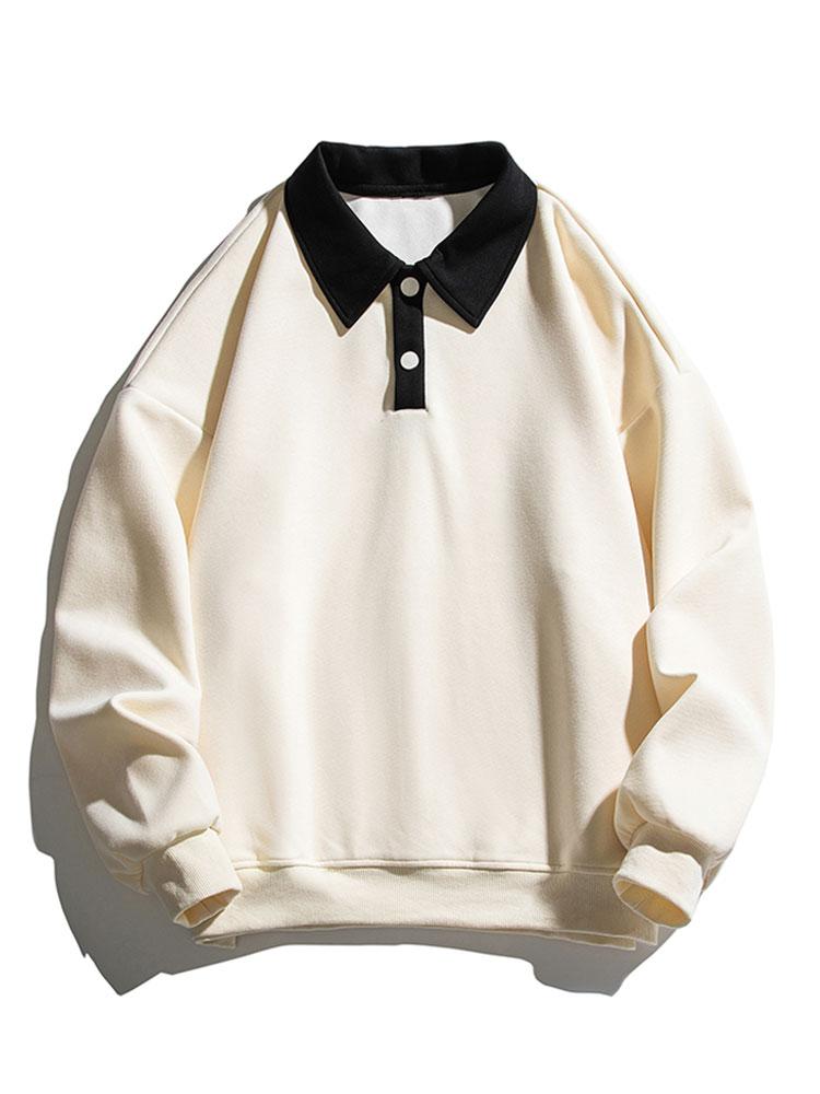 Men's Contrast Polo Collar Sweatshirt – Relaxed Fit Pullover - Beige