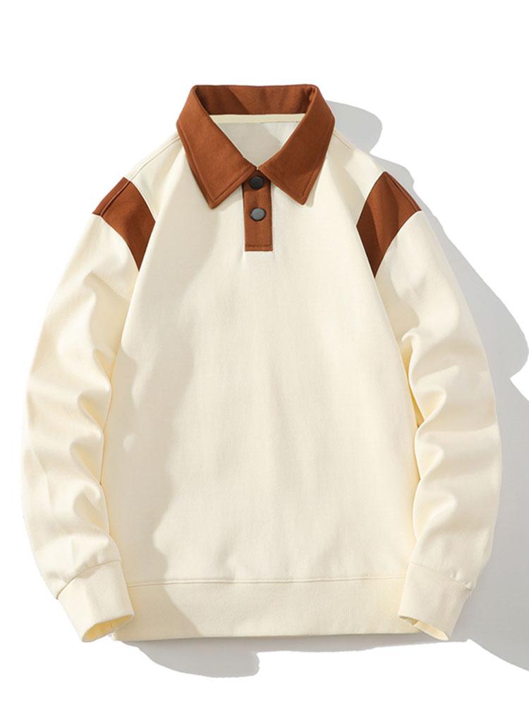 Men's Contrast Polo Collar Sweatshirt – Relaxed Fit Pullover - Beige