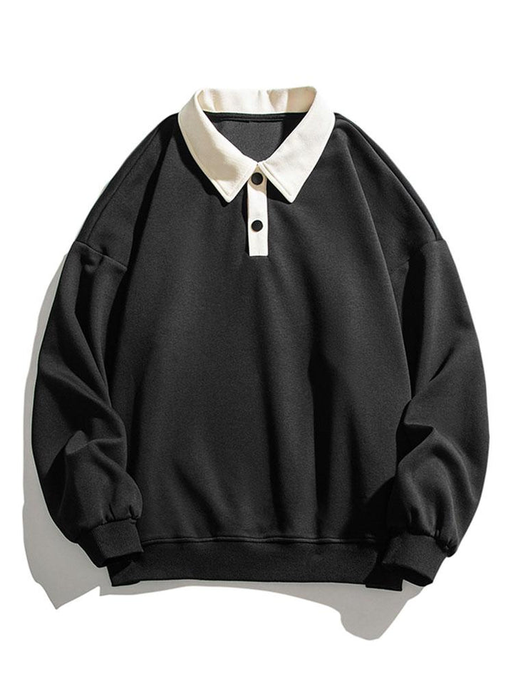 Men's Contrast Polo Collar Sweatshirt – Relaxed Fit Pullover - Black