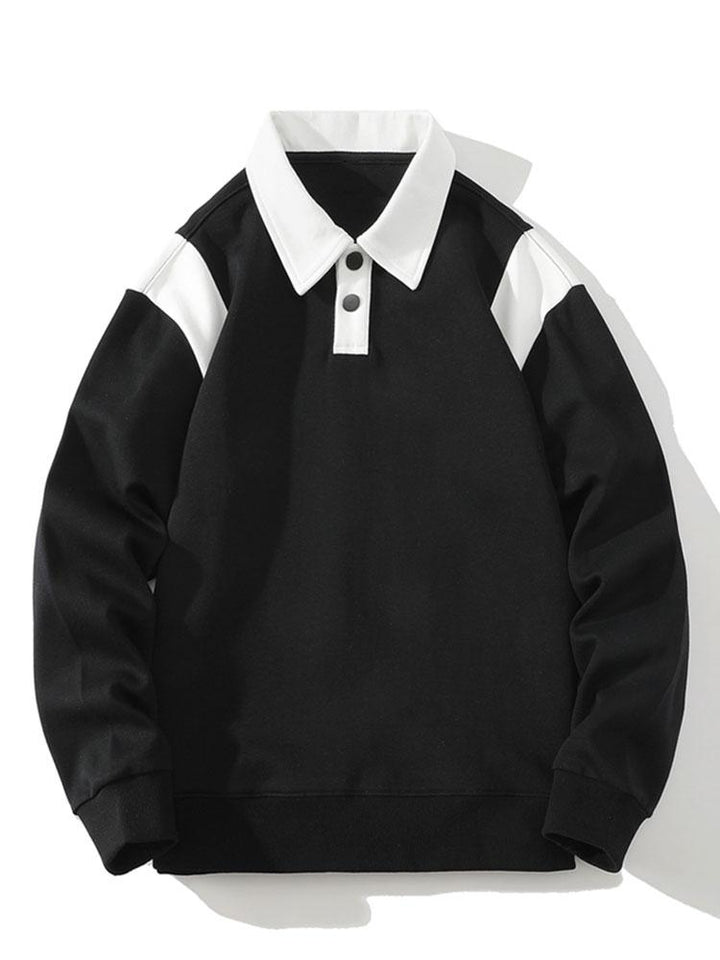 Men's Contrast Polo Collar Sweatshirt – Relaxed Fit Pullover - Black