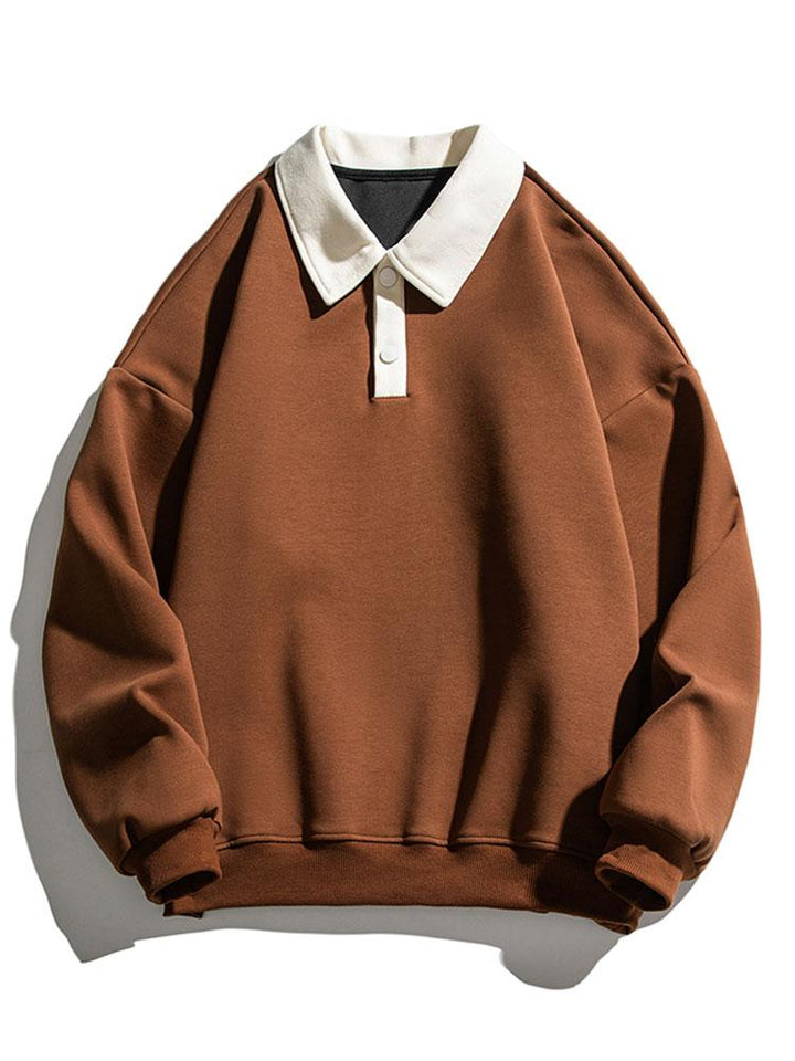 Men's Contrast Polo Collar Sweatshirt – Relaxed Fit Pullover - Brown
