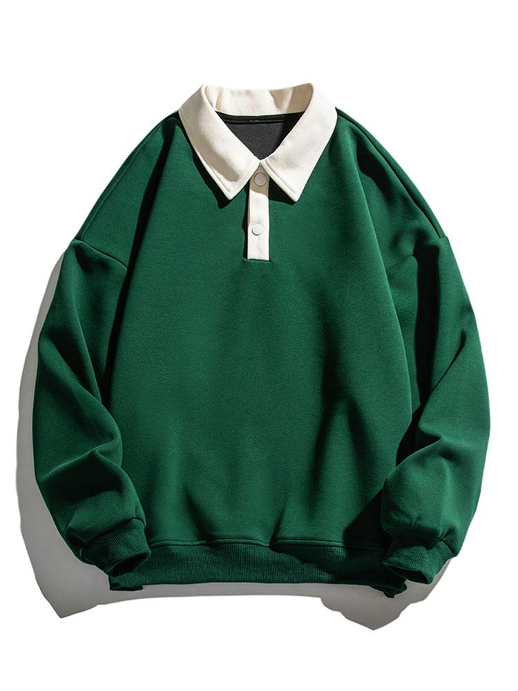 Men's Contrast Polo Collar Sweatshirt – Relaxed Fit Pullover - Dark Green
