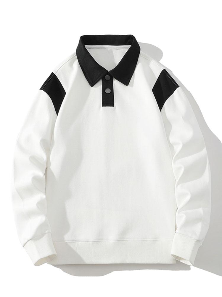 Men's Contrast Polo Collar Sweatshirt – Relaxed Fit Pullover - White