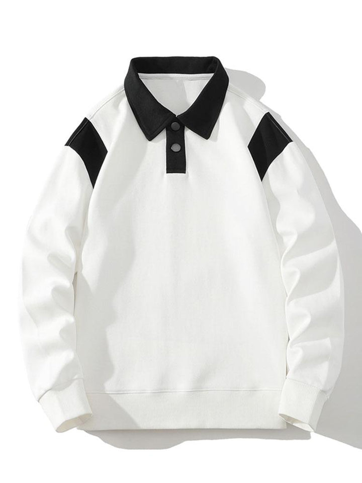 Men's Contrast Polo Collar Sweatshirt – Relaxed Fit Pullover - White