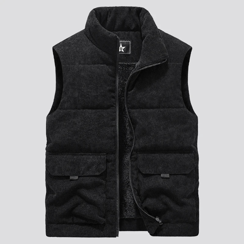 Men's Corduroy Vest - Sleeveless Quilted Bodywarmer - Black