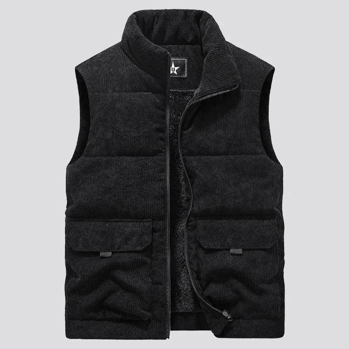 Men's Corduroy Vest - Sleeveless Quilted Bodywarmer - Black