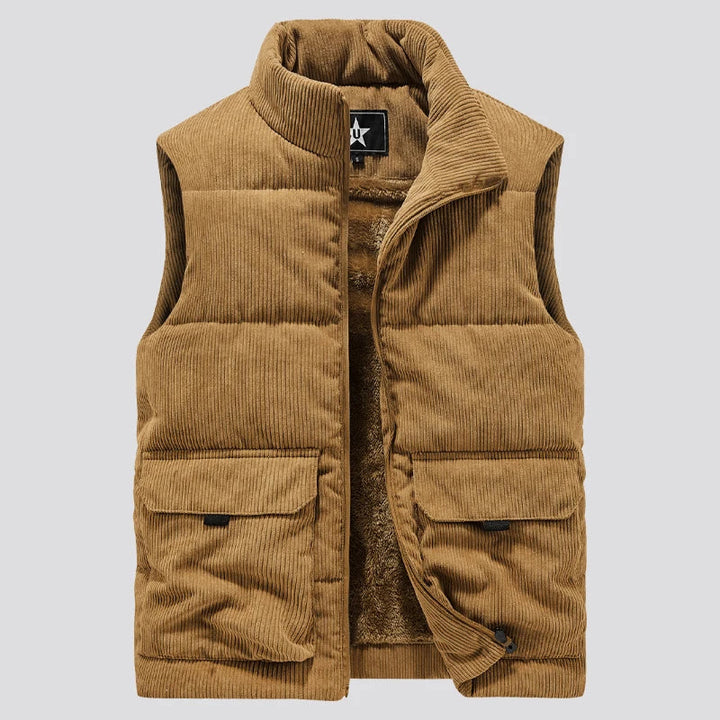 Men's Corduroy Vest - Sleeveless Quilted Bodywarmer - Khaki