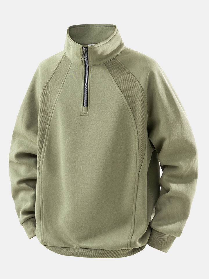 Men's Cotton Blend Quarter Zip Sweatshirt – Relaxed Fit Stand Collar - Olive Green