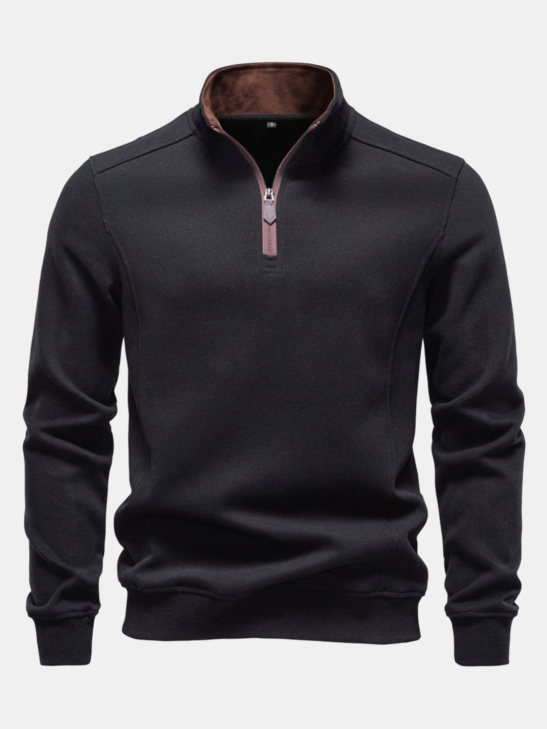 Men's Cotton Blend Quarter Zip Sweatshirt – Stand Collar Regular Fit - Black