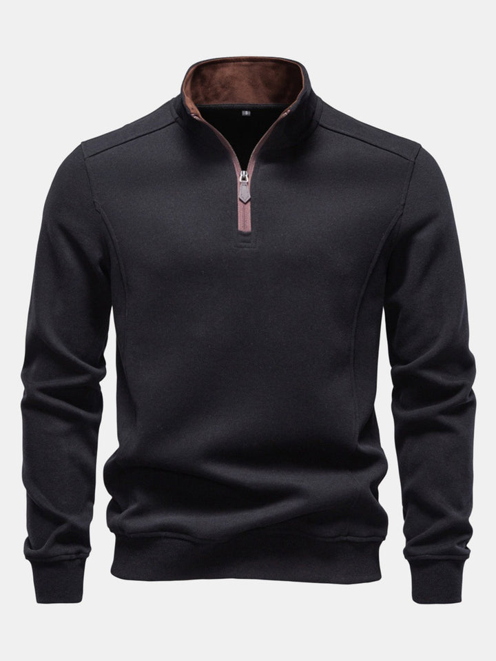 Men's Cotton Blend Quarter Zip Sweatshirt – Stand Collar Regular Fit - Black
