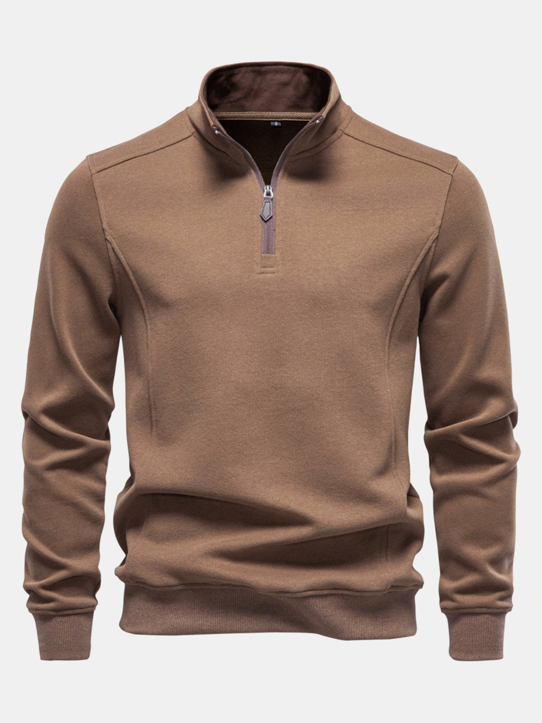 Men's Cotton Blend Quarter Zip Sweatshirt – Stand Collar Regular Fit - Brown