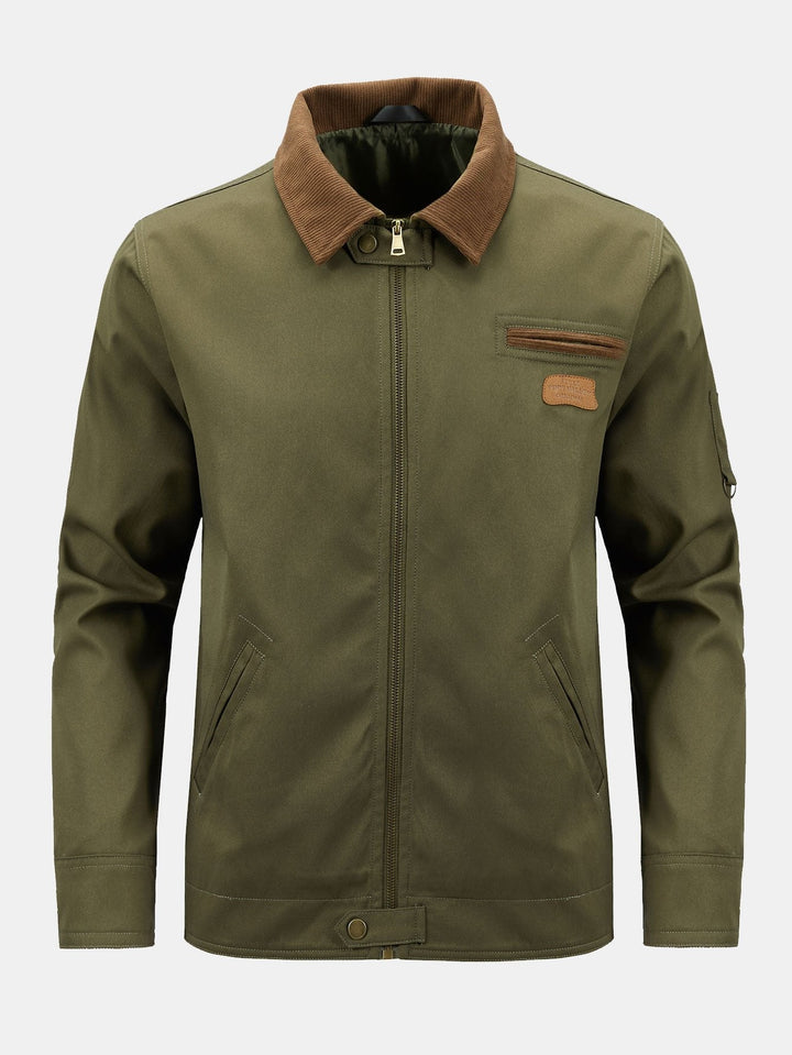 Men's Cotton Zip-Up Jacket with Corduroy Collar – Regular Fit - Olive Green