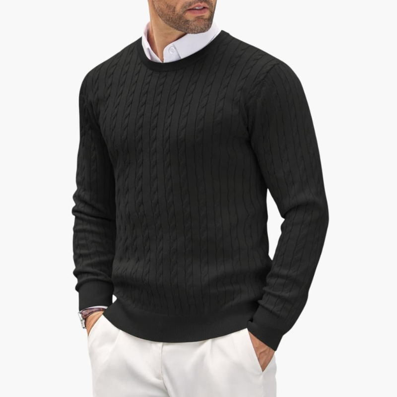 Men's Crew Neck Sweater - Classic Cable Knit - Black