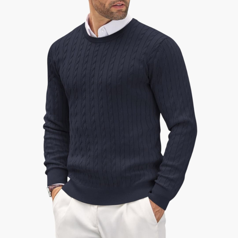 Men's Crew Neck Sweater - Classic Cable Knit - Blue