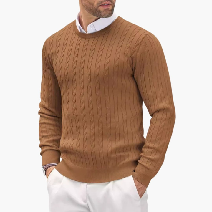 Men's Crew Neck Sweater - Classic Cable Knit - Brown