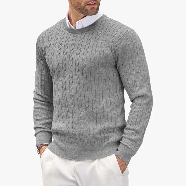Men's Crew Neck Sweater - Classic Cable Knit - Grey