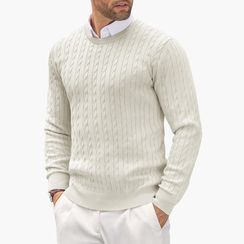 Men's Crew Neck Sweater - Classic Cable Knit - White