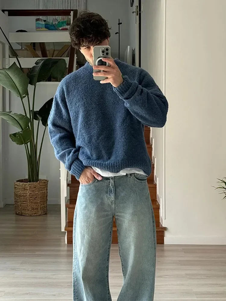 Men's Crew Neck Sweater - Classic Knit with Modern Cut - Blue