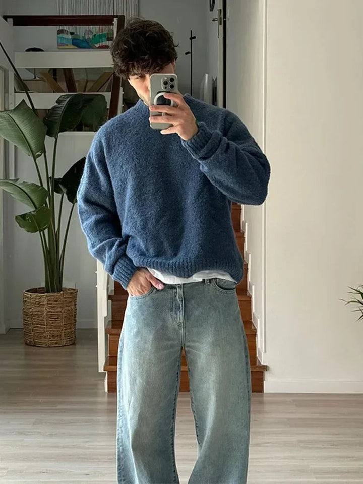 Men's Crew Neck Sweater - Classic Knit with Modern Cut - Blue