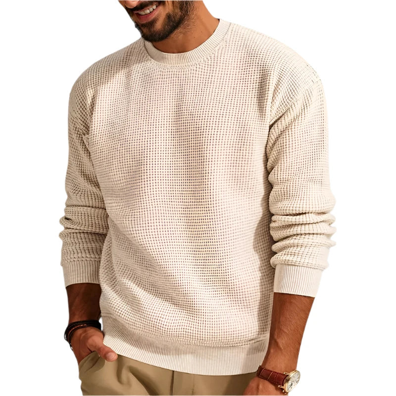 Men's Crew Neck Sweater - Classic Winter Knit - Beige