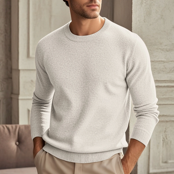 Men's Crew Neck Sweater - Minimalist Long Sleeve - Beige