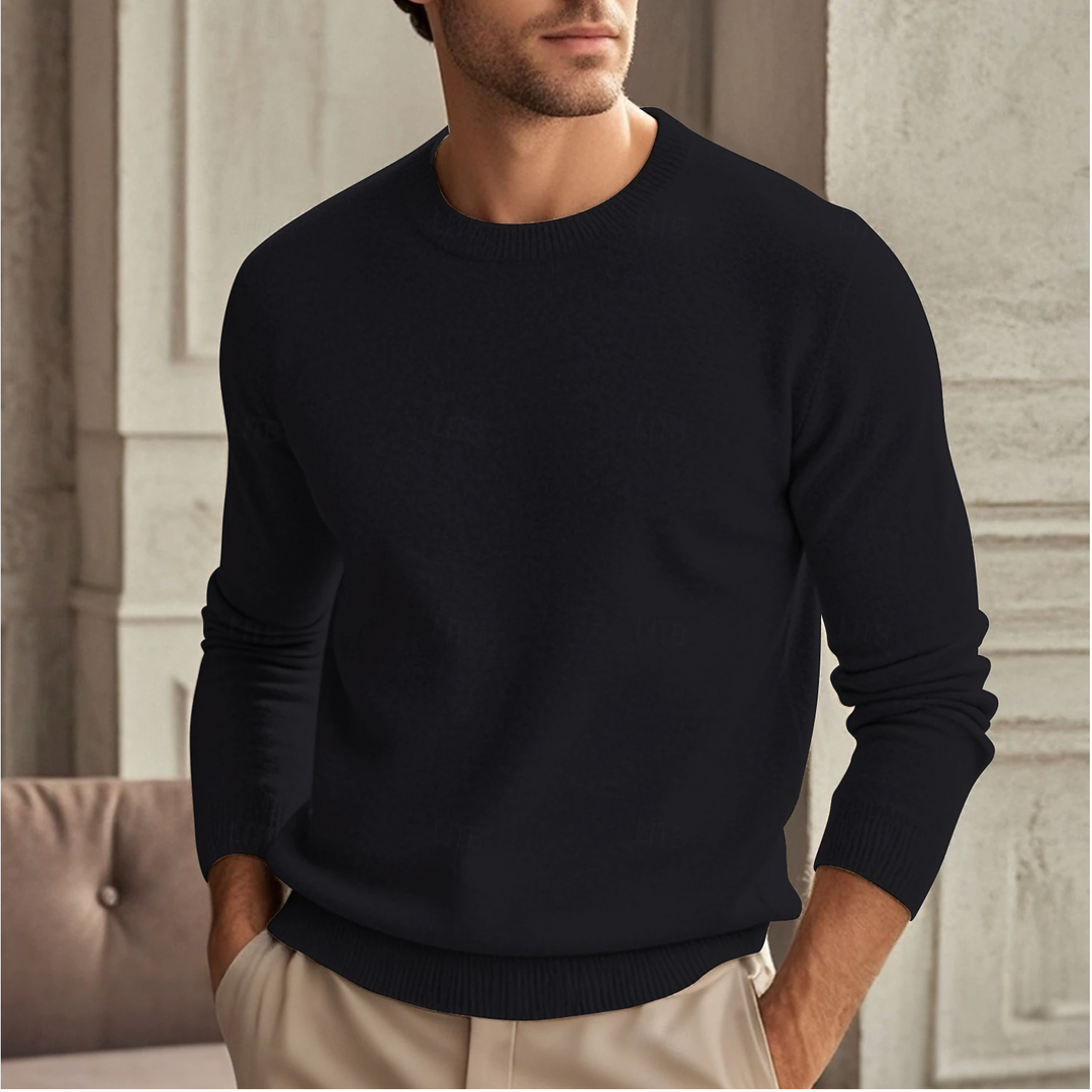 Men's Crew Neck Sweater - Minimalist Long Sleeve - Black