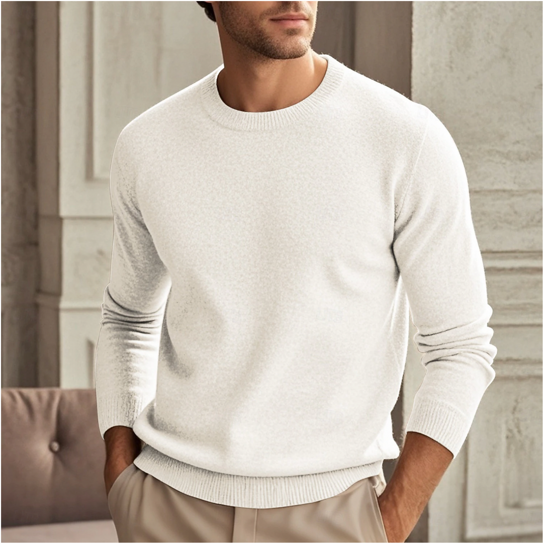 Men's Crew Neck Sweater - Minimalist Long Sleeve - White
