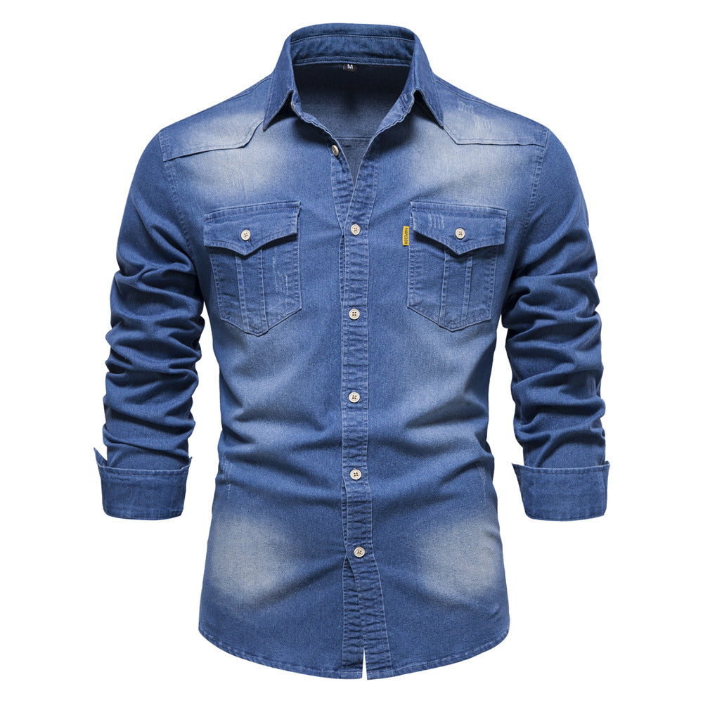 Men's Denim Shirt - Slim Fit Cotton Stretch - Blue