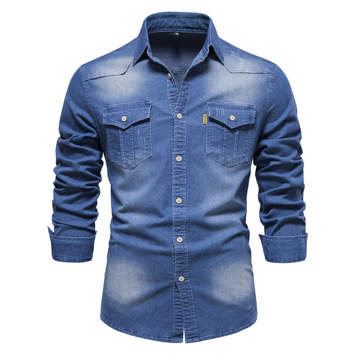 Men's Denim Shirt - Slim Fit Cotton Stretch - Blue