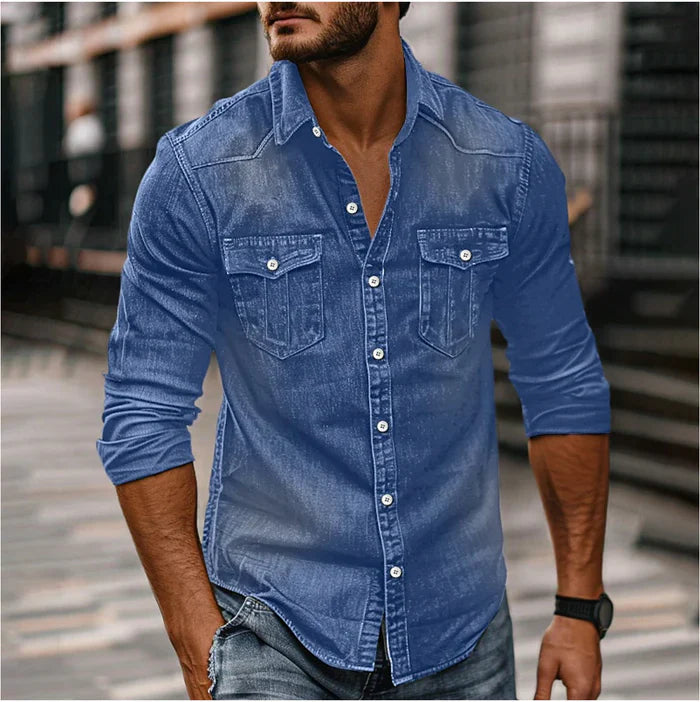 Men's Denim Shirt - Slim Fit with Snap Buttons - Blue