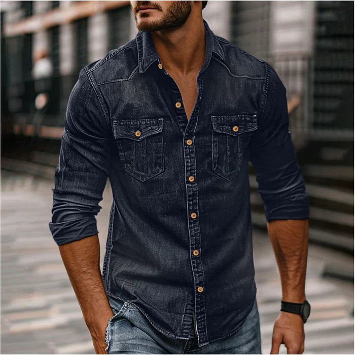 Men's Denim Shirt - Slim Fit with Snap Buttons - Dark Blue